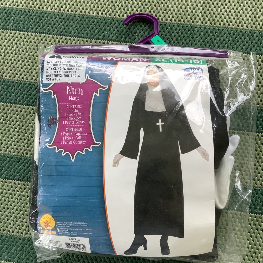 Rubies Nun Costume Woman XL 14-16 Black Robe Veil Necklace Gloves 6pc Set NEW